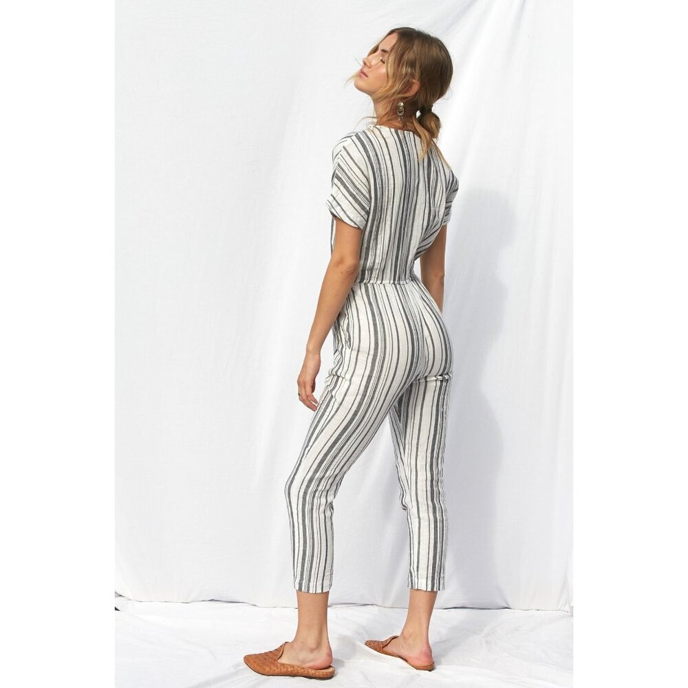Jens Pirate Booty X Free People Ivory & Charcoal Striped Casual Boho Jumpsuit - Picture 6 of 14